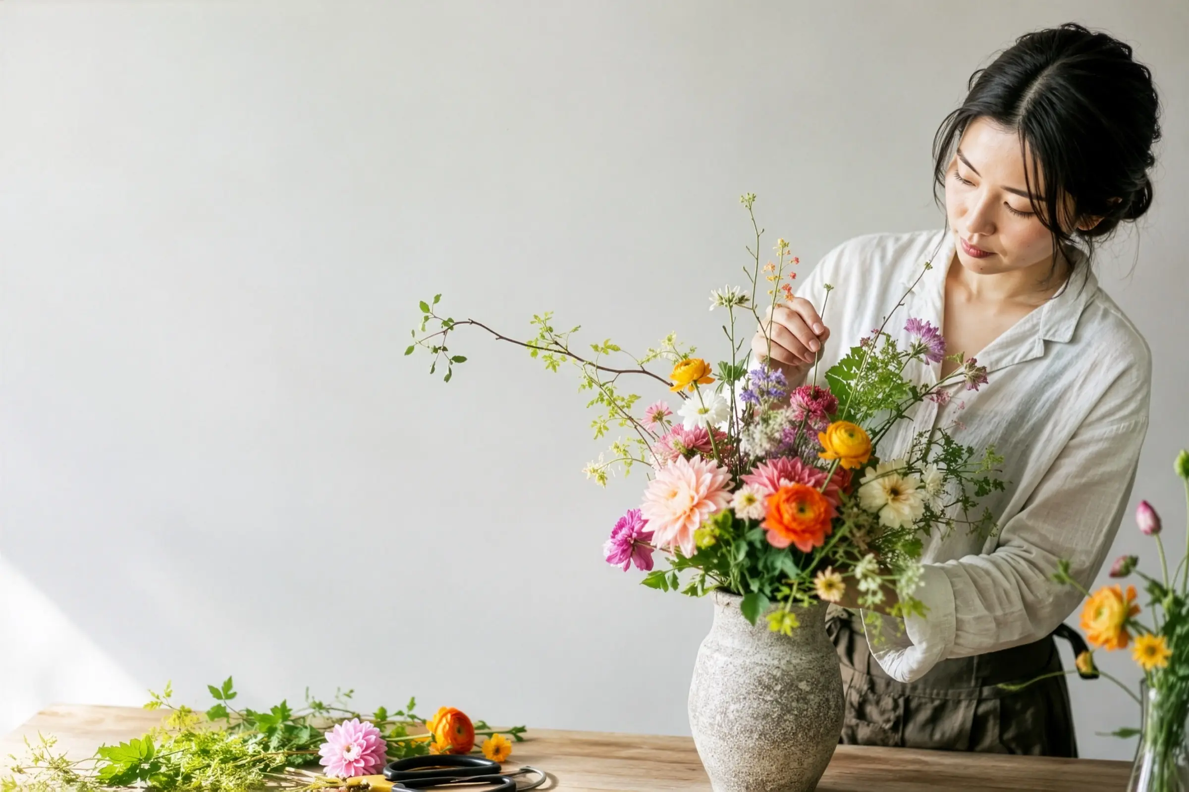 アトリエで花を生けるフラワーアーティスト