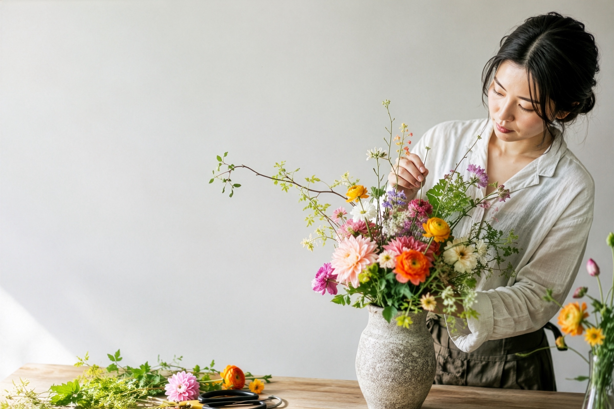 アトリエで花を生けるフラワーアーティスト