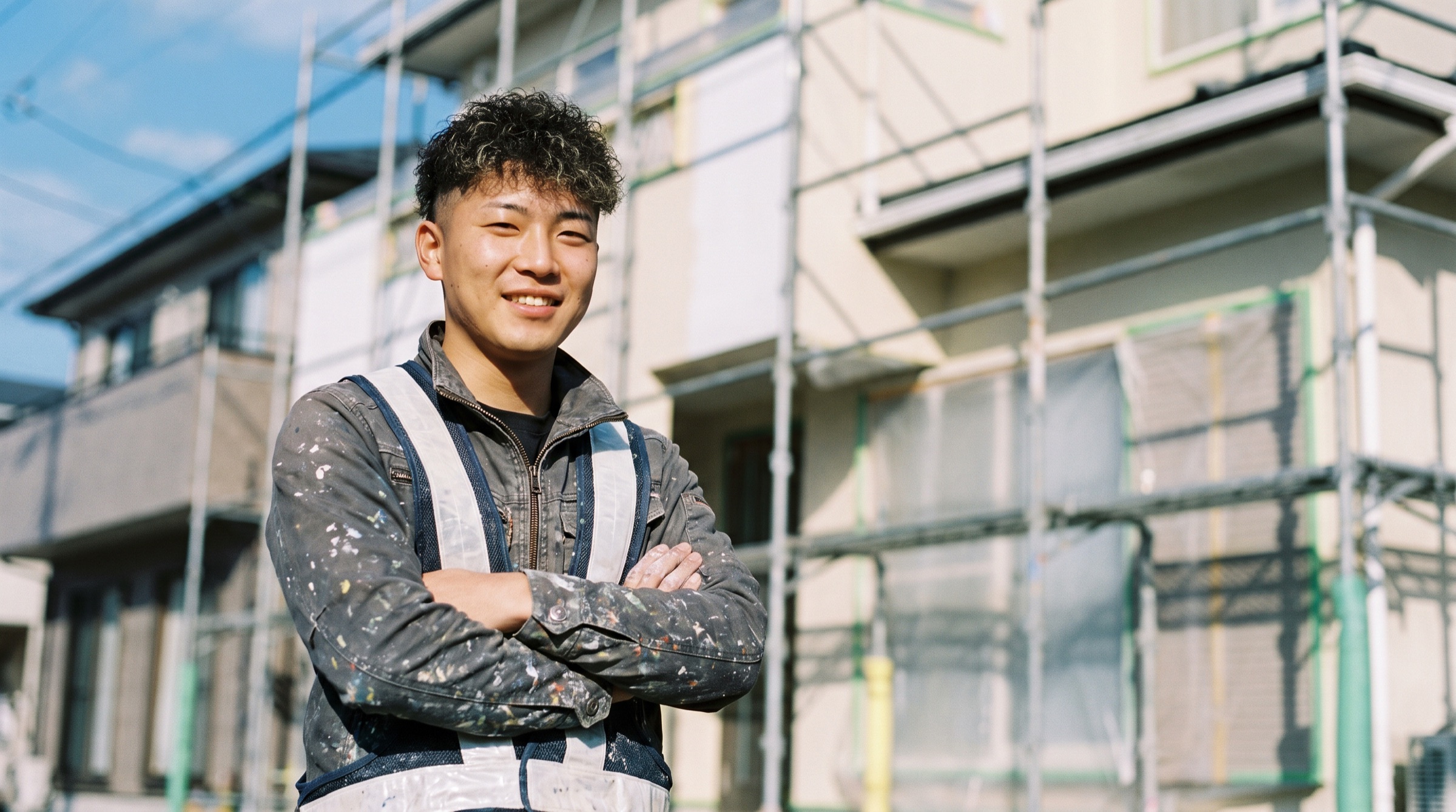 足場が組まれた住宅の前で腕を組んでほほえむ若手の職人