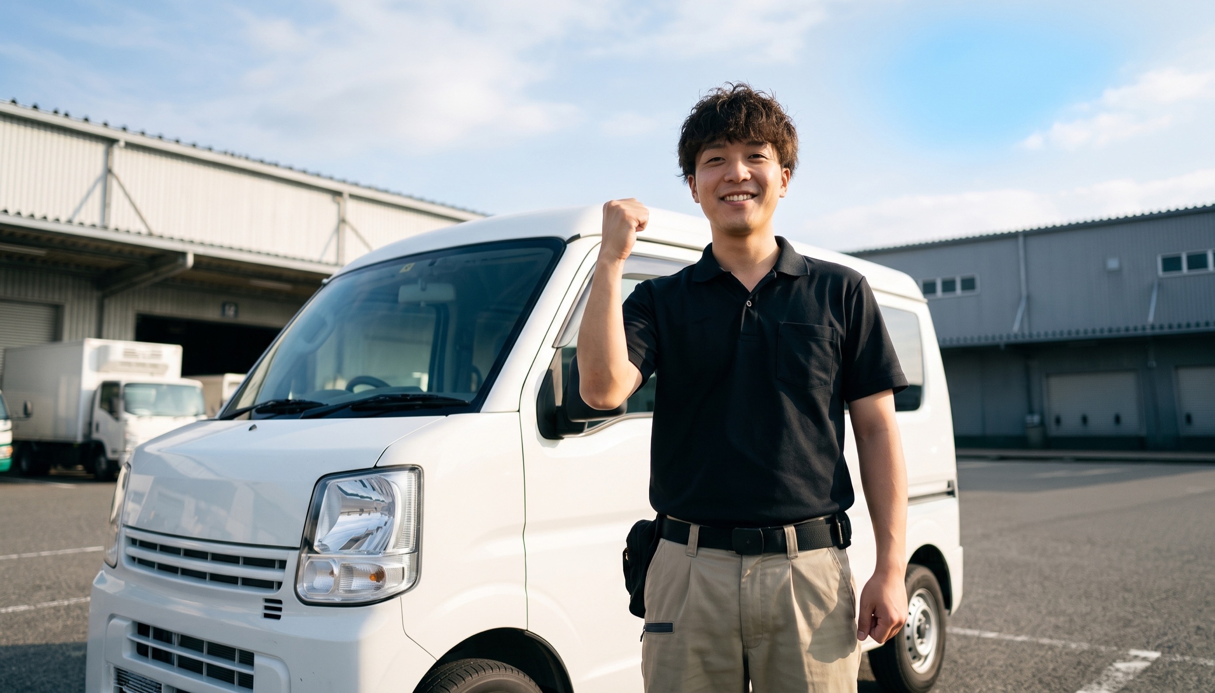 倉庫の前で軽バンの横に立ち、ガッツポーズをする軽貨物ドライバー